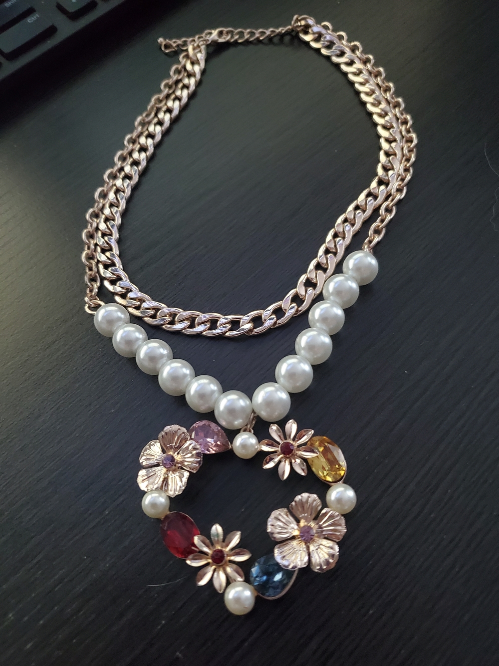 Rose Gold Pearl Necklace with Multicolor Floral Pendant